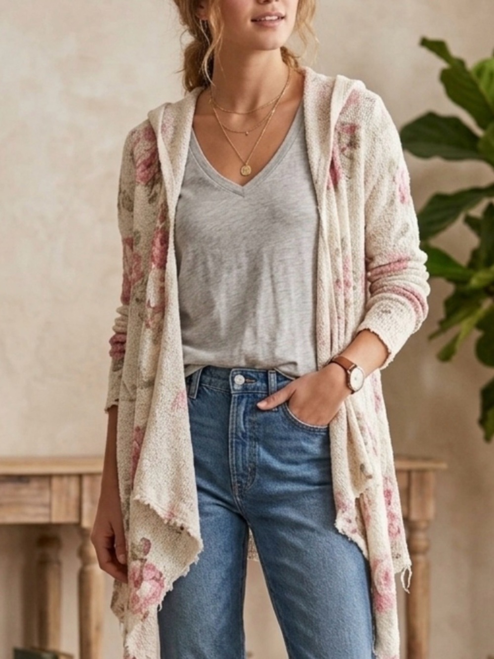 Abercrombie & Fitch Floral Hooded Cardigan XS/S Romantic Fairy Grunge Duster H61